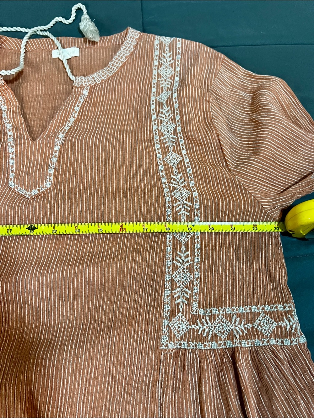 Garnet Hill Cotton Rusty Coral Embroidery Pleated Striped Tassel Peasant Top 18 - Picture 8 of 12